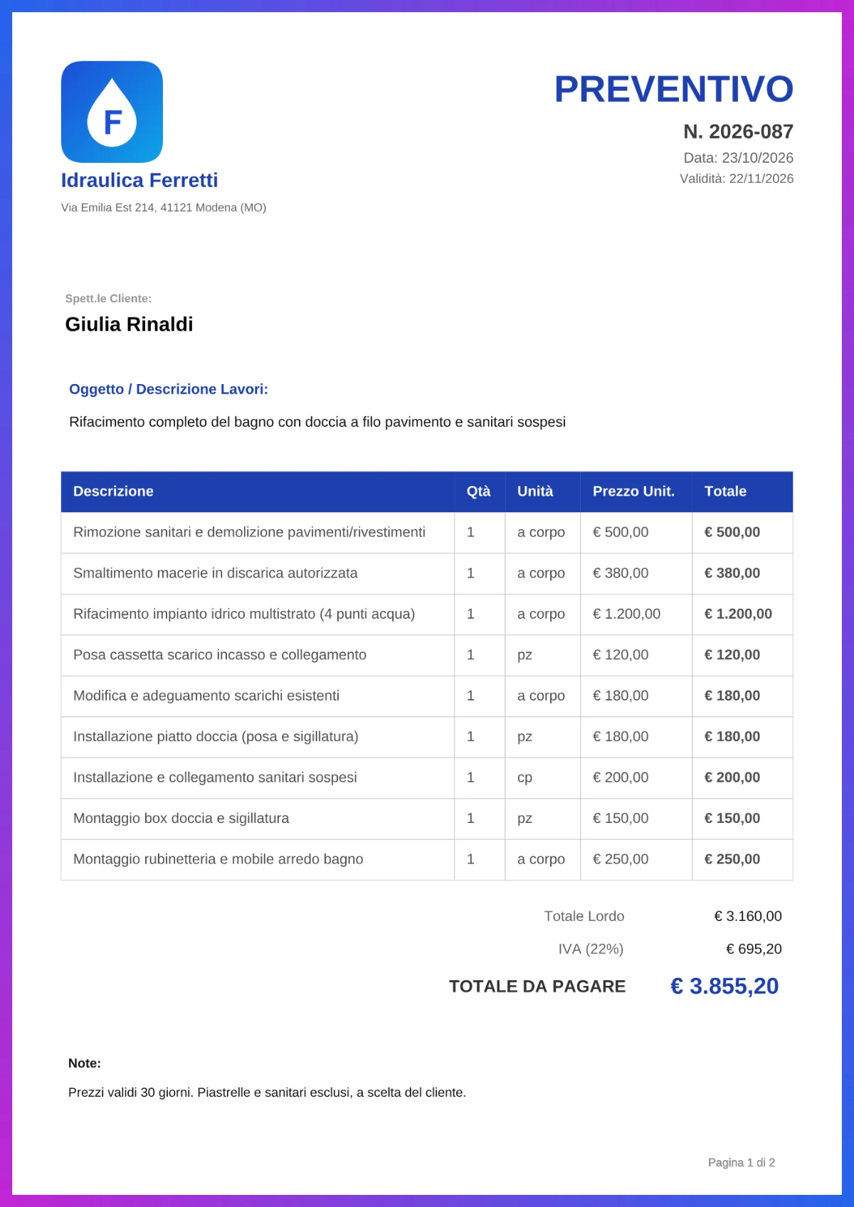 Lo stesso preventivo in PDF creato con PreventivIA
