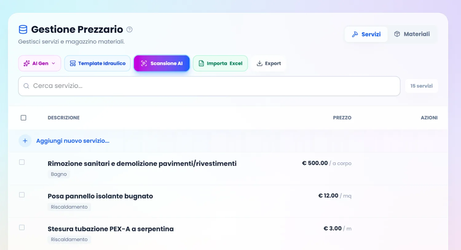 Il listino di un idraulico in PreventivIA, con prezzi e categorie