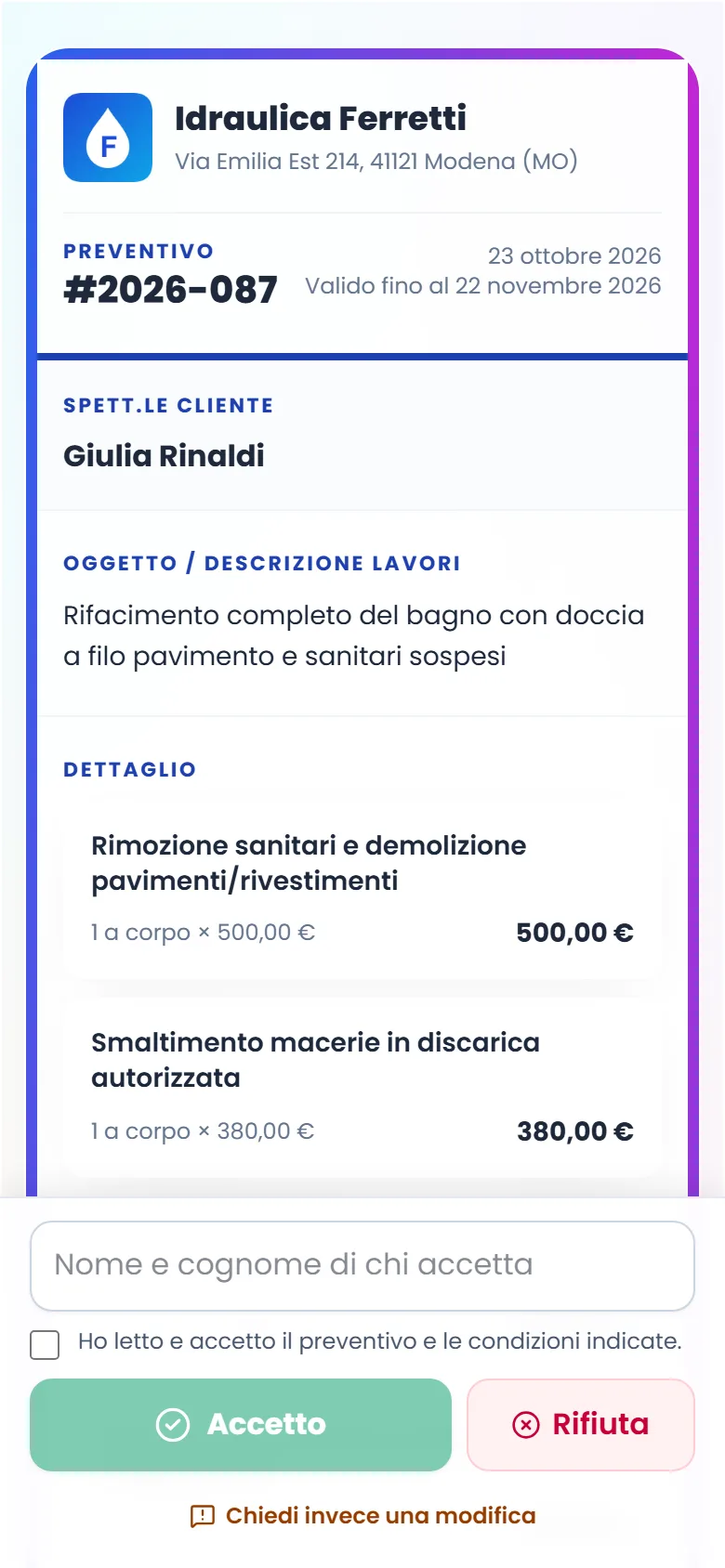 Un preventivo da idraulico aperto in PreventivIA sul telefono